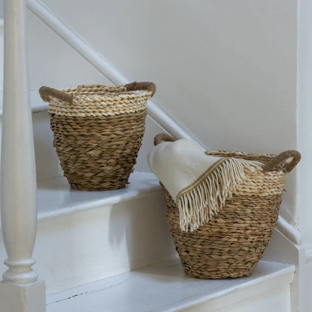 Natural Striped Straw & Corn Basket With Handles - LIN23508 - Uneeka
